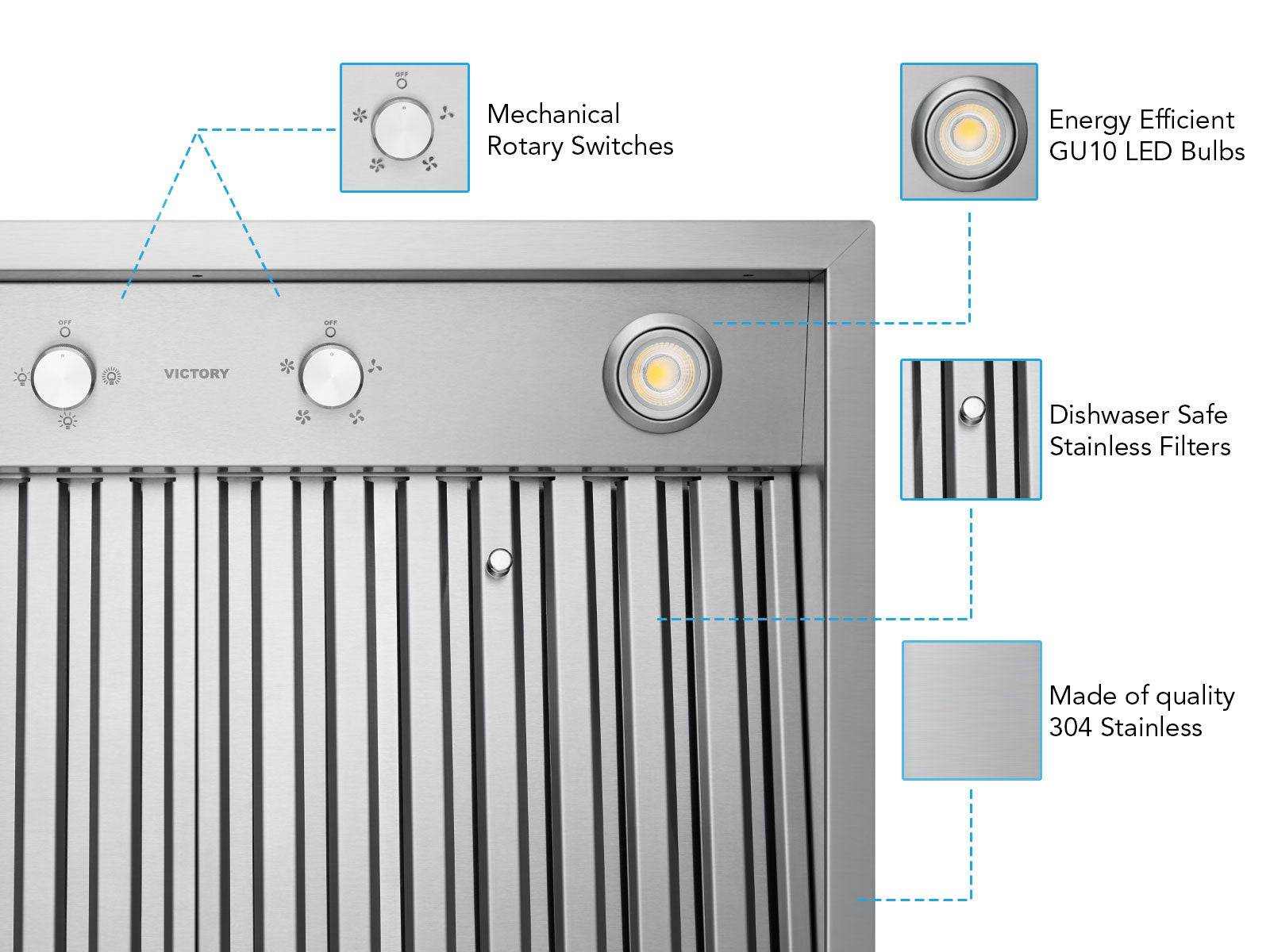 30 Inch Range Hood Insert with 450/600 CFM Remote Blower - VICTORY Q5 - Image 3