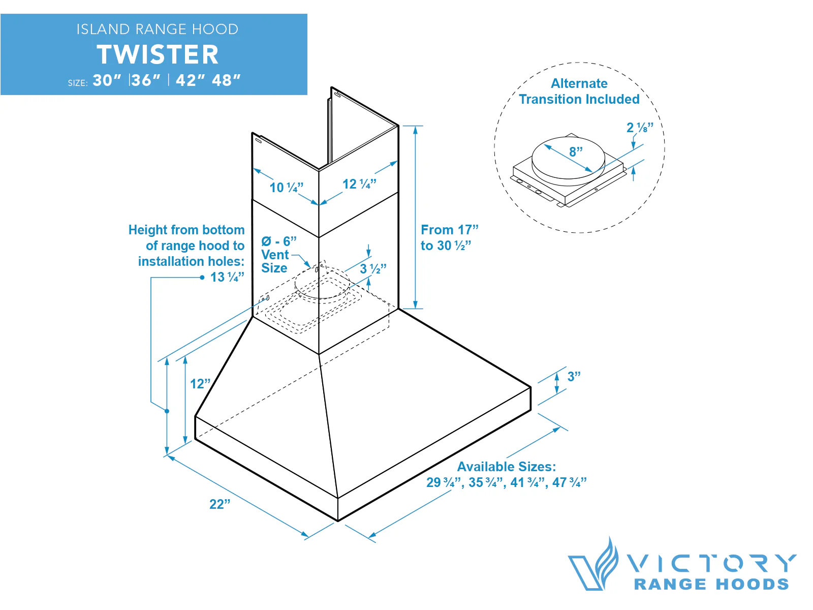 30 Inch Wall Mount Range Hood with 450/600 CFM Remote Blower - VICTORY Twister - Image 10