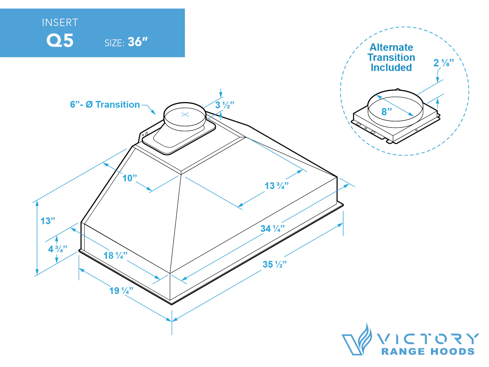 36 Inch Range Hood Insert with 450/600 CFM Remote Blower - VICTORY Q5 - Image 7