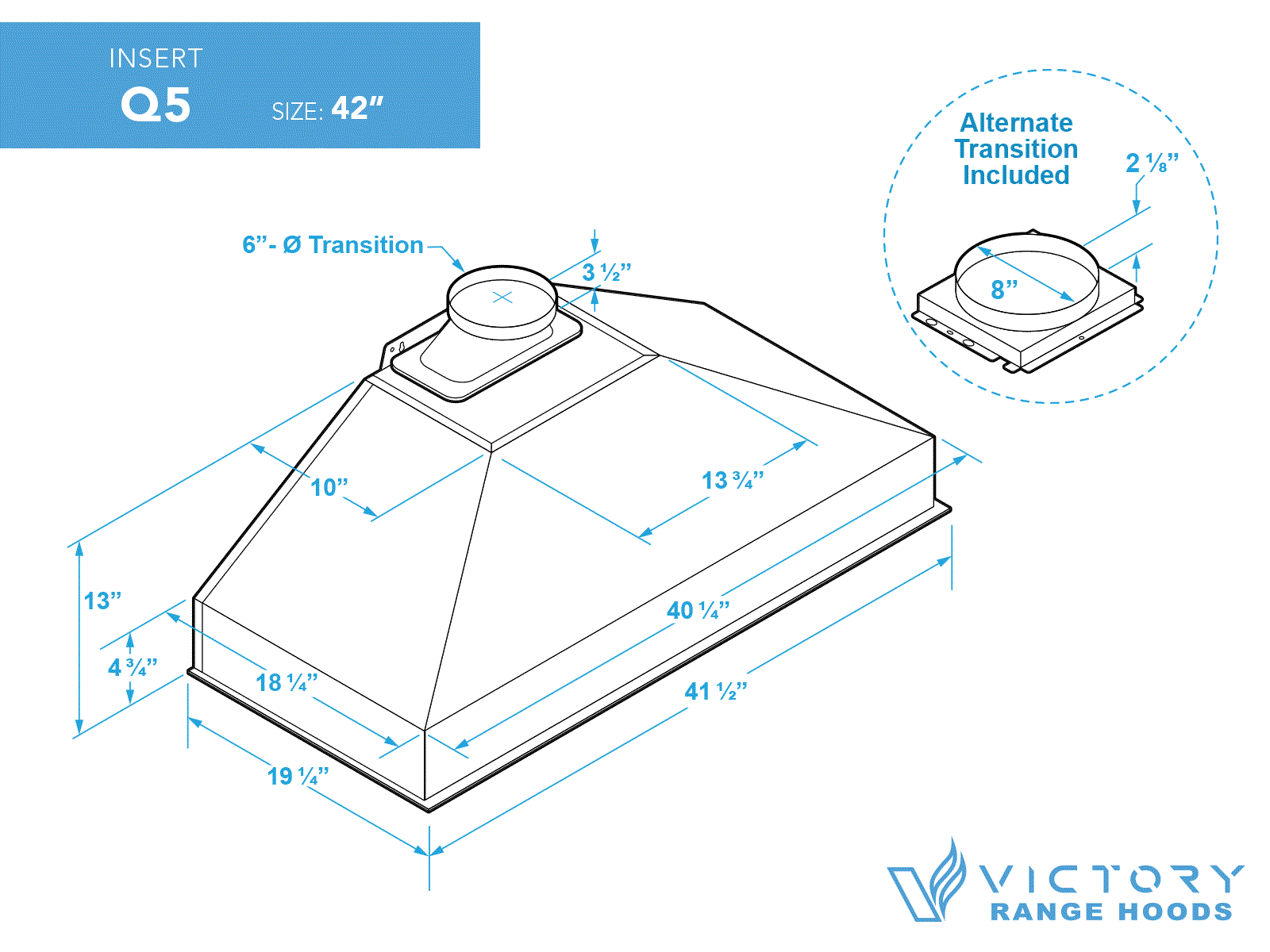 42 Inch Range Hood Insert with 450/600 CFM Remote Blower - VICTORY Q5 - Image 7