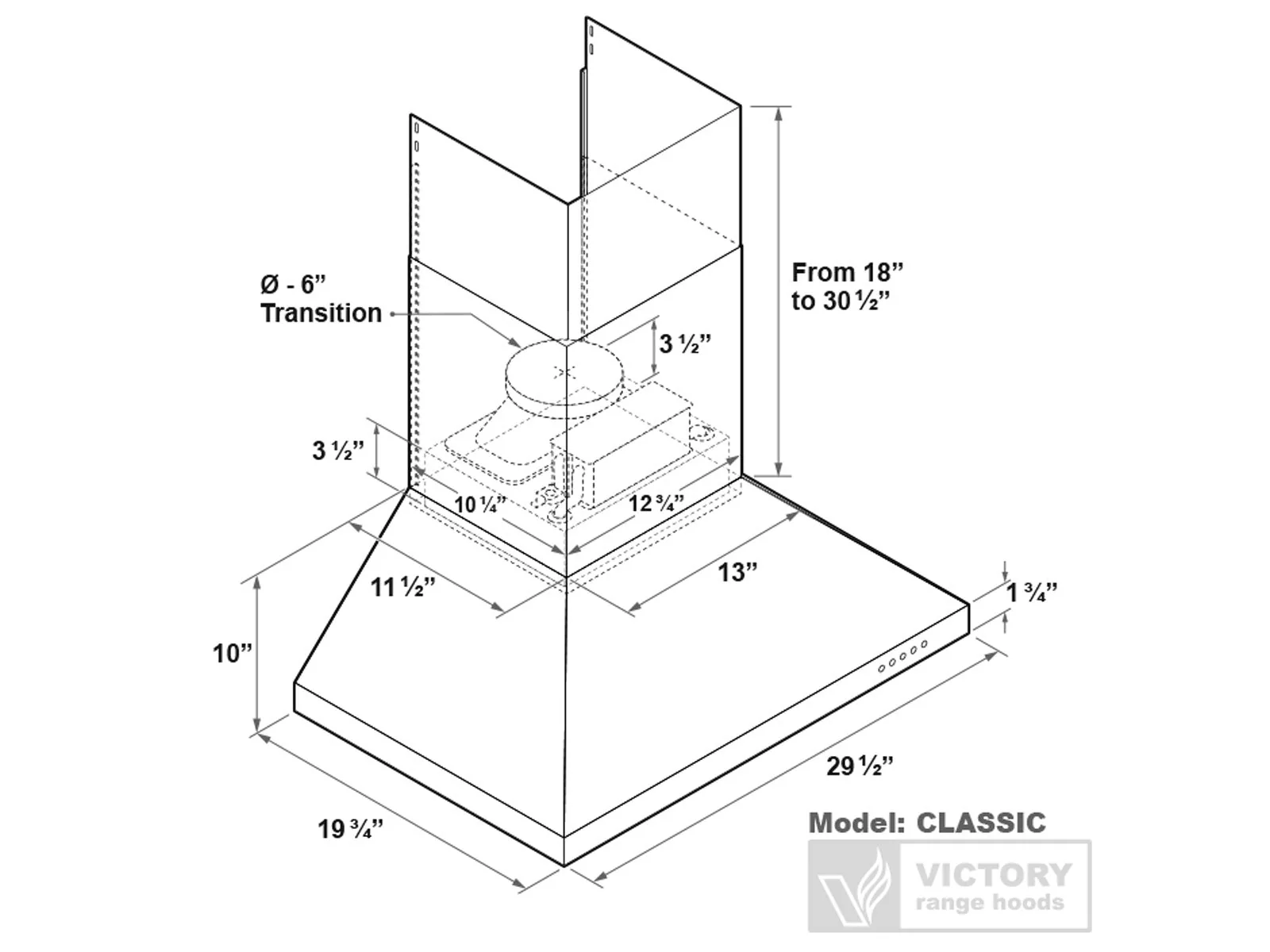 30 Inch 600 CFM Wall Mount Range Hood - VICTORY Classic - Image 6