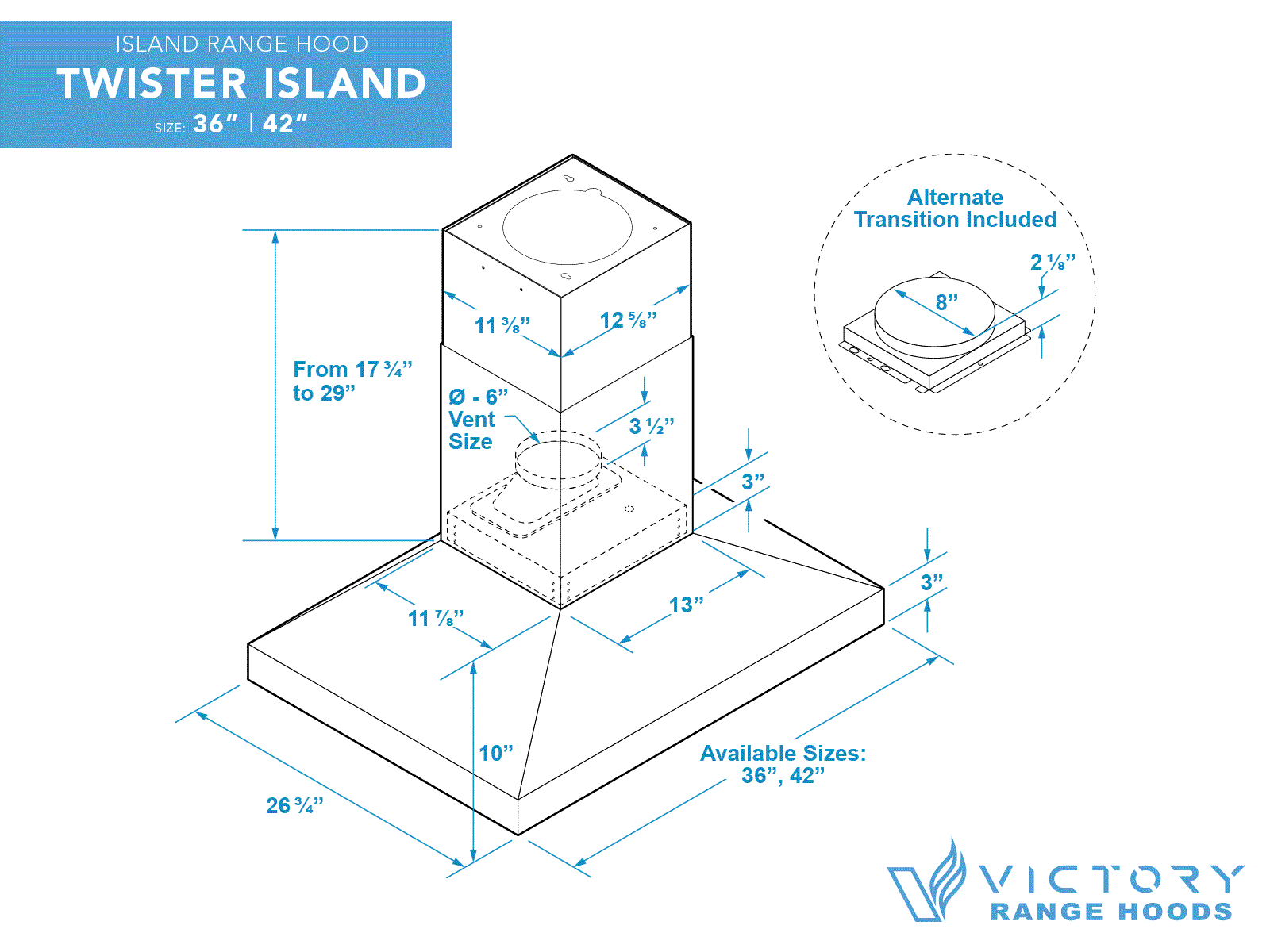 36 Inch Island Range Hood 750 CFM - VICTORY Twister Island - Image 8