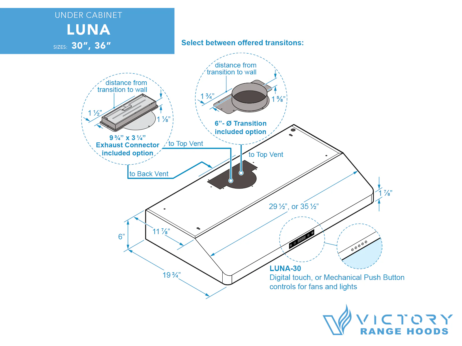 30 Inch 600 CFM Under Cabinet Range Hood with Push Button Controls - VICTORY Luna - Image 8